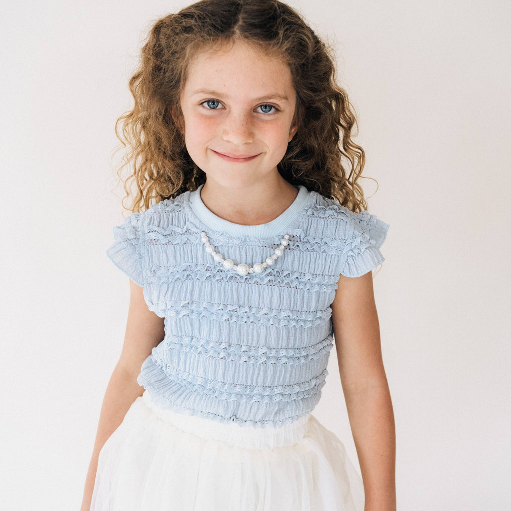 Ruffle Blue Pearl Shirt and Chiffon Skirt with built in shorts