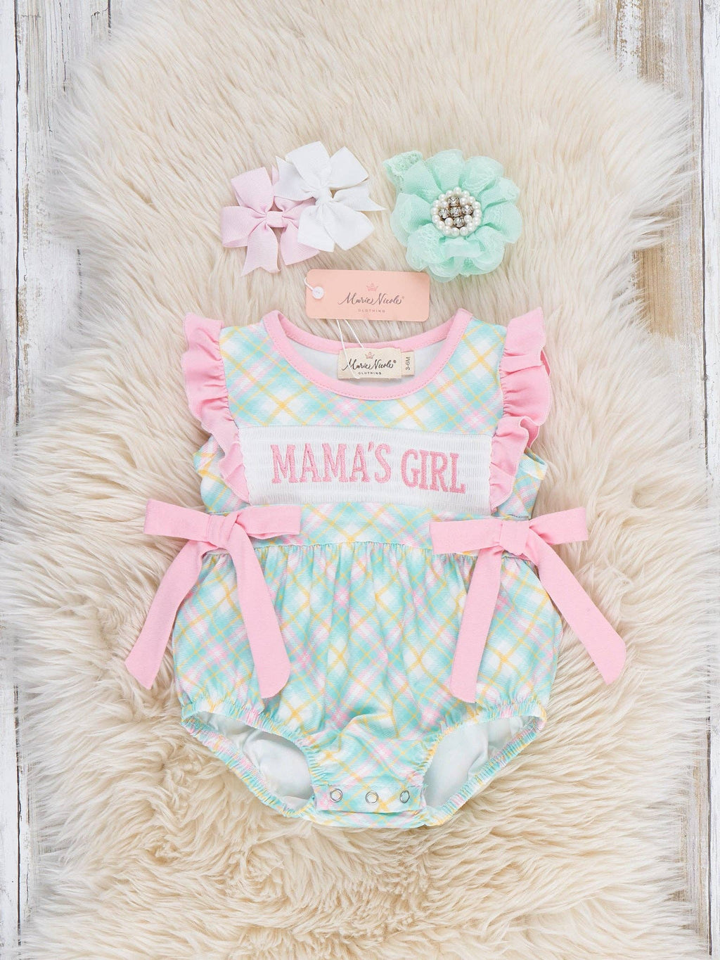 Mama’s Girl Pastel Plaid Smocked Ruffle Bubble Romper