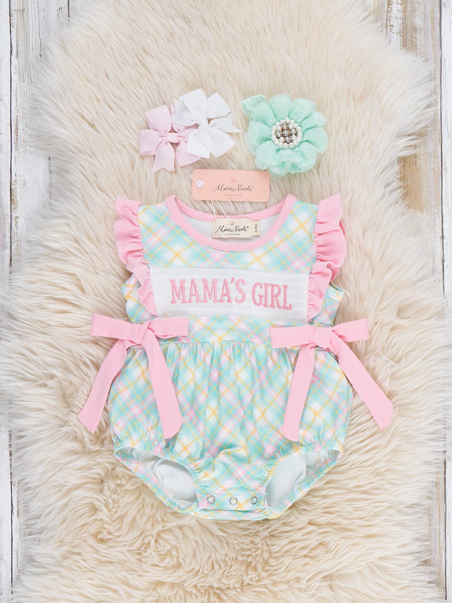 Mama’s Girl Pastel Plaid Smocked Ruffle Bubble Romper