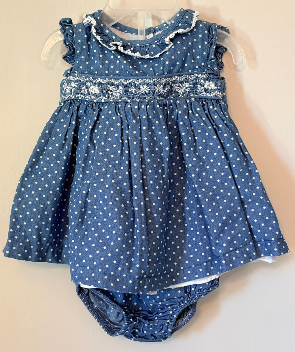 Smocked Blue Dress & Bloomers Set | 3–6m