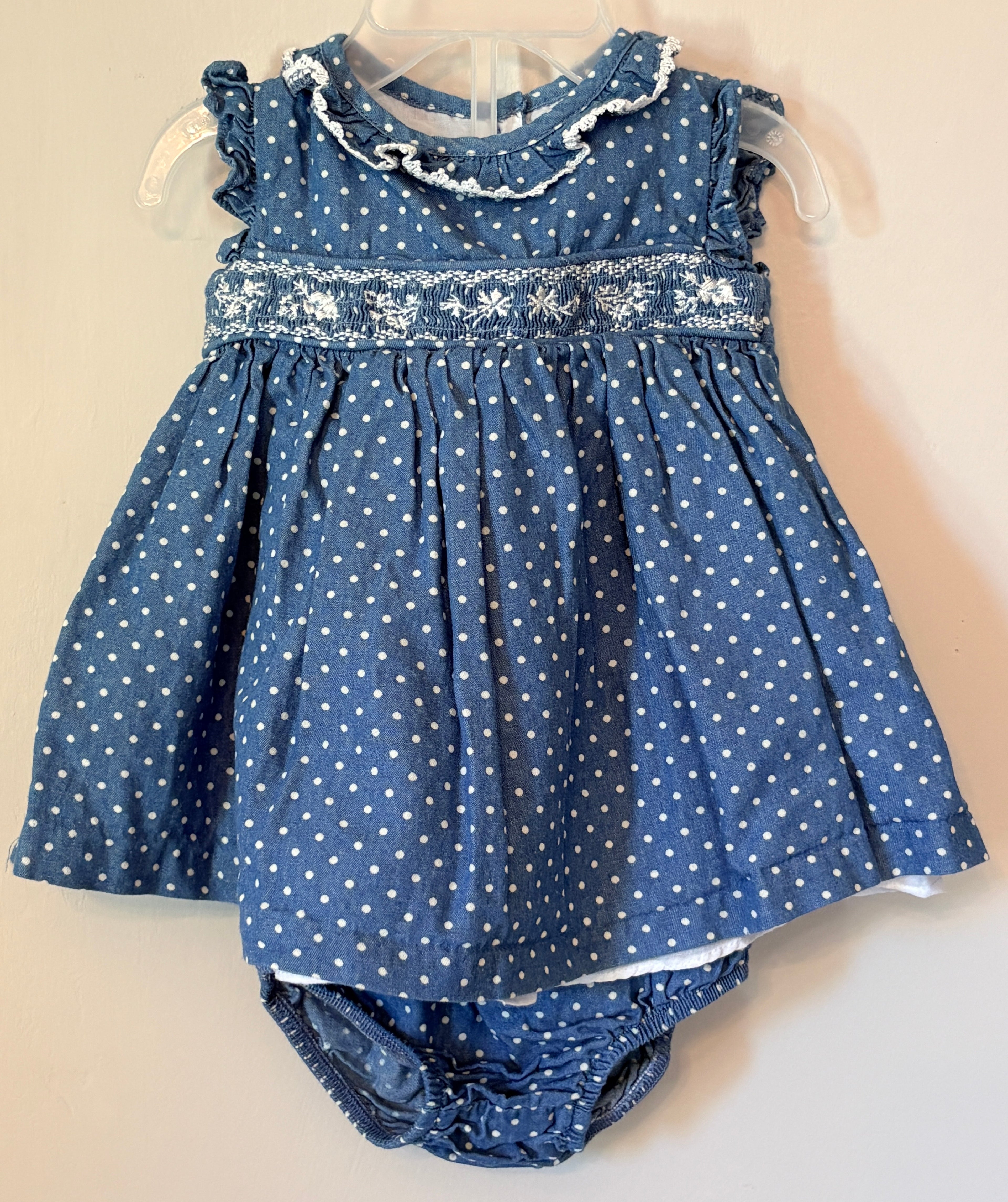 Smocked Blue Dress & Bloomers Set | 3–6m