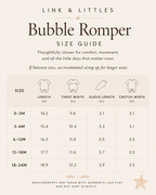 Link & Littles Bubble Romper size guide with measurements on a beige background
