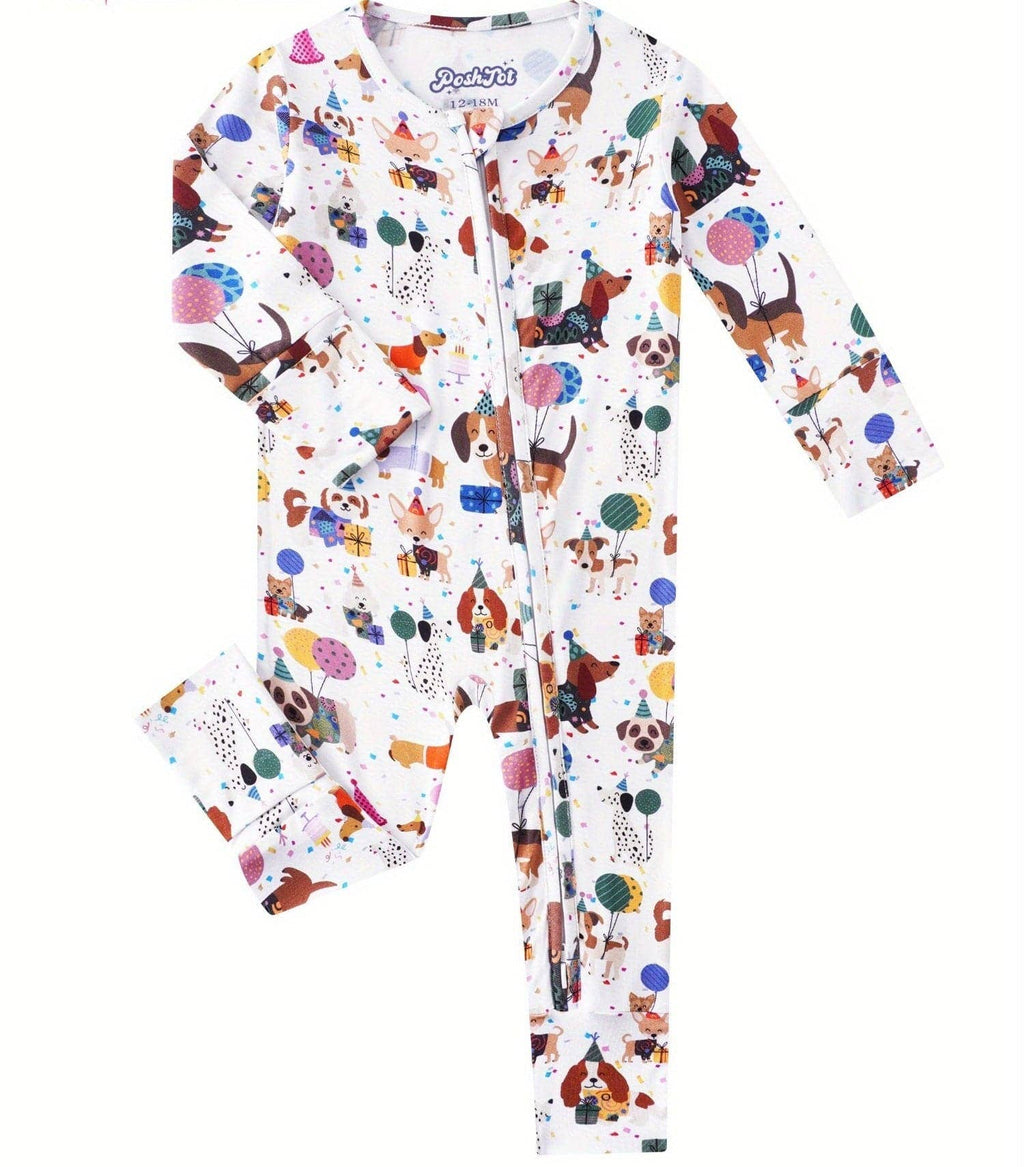 PoshTOT Animal Party Bamboo Baby Convertible Zippy Romper